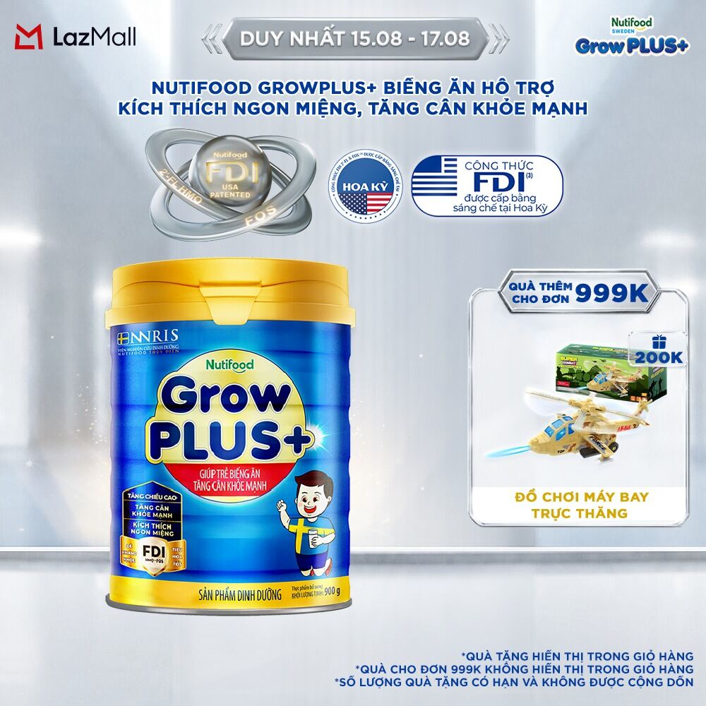 Sữa Bột Nutifood GrowPLUS+ Biếng Ăn (Xanh)  - Hỗ Trợ Kích Thích Ngon Miệng, Tăng Cân Khỏe Mạnh (Lon 900g)
