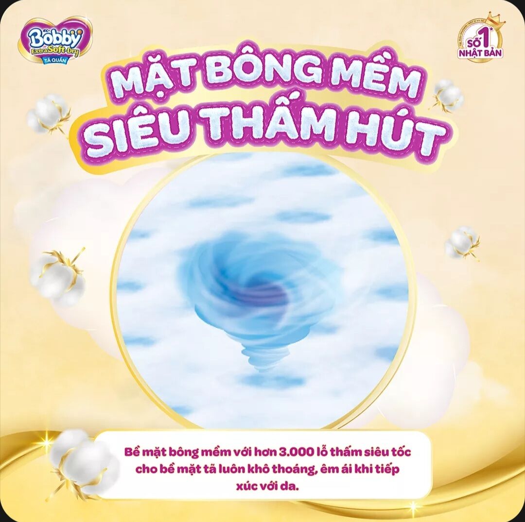 Tã quần Bobby Extra soft cao cấp L52+2 Thun chân ngăn hằn