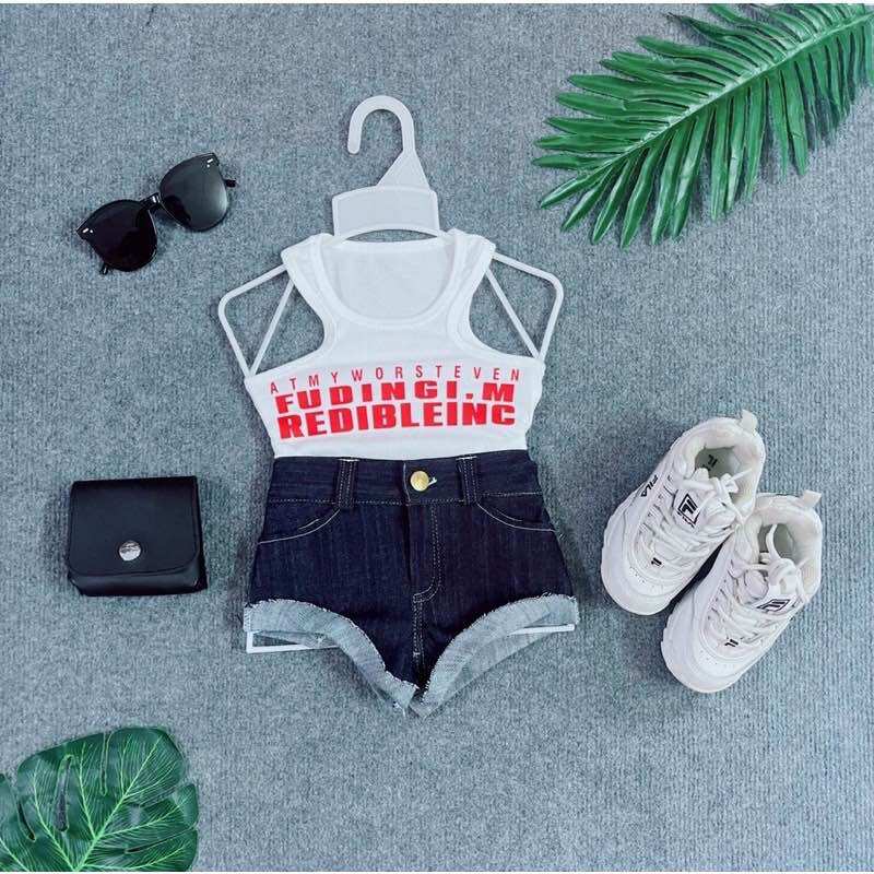 Set áo thun quần jean 2 màu xanh trắng cho bé