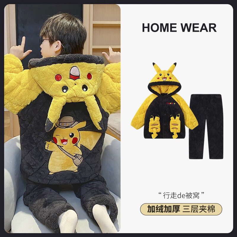 Đồ ngủ trẻ em mẫu mùa đông đồ mặc ở nhà nhung san hô bé trai bé lớn trẻ em trẻ em flannel mẫu dày dặn lót bông 3 lớp