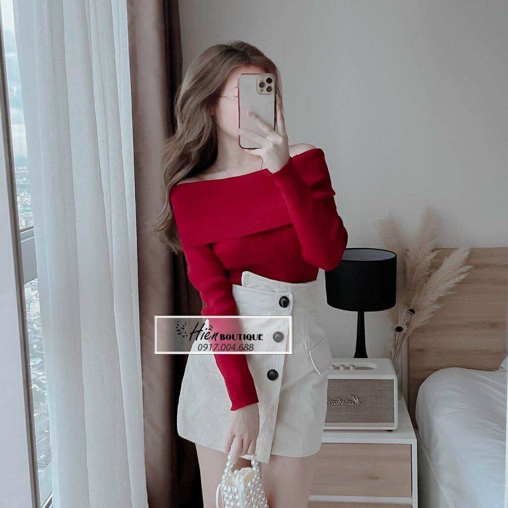 Áo bẹt vai len đỏ rực rỡ siêu đẹp
