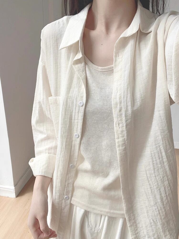 Nữ Mùa Hè Băng Lụa Áo Sơ Mi Vải Lanh Cotton Mỏng Chống Nắng Lớp Quần Áo Điều Hòa Áo Sơ Mi Cổ Áo Polo
