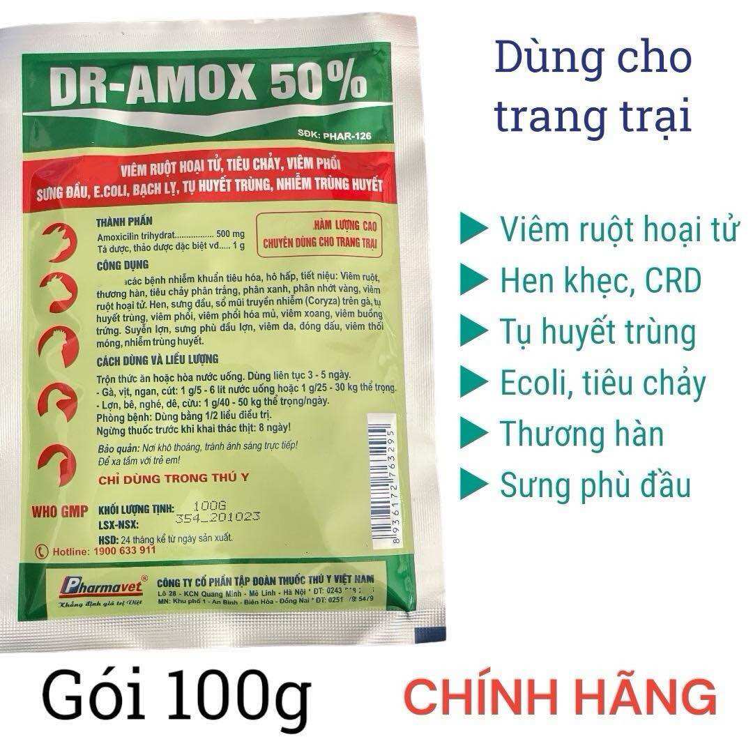 Dr Amox 50% (100g) trị tiêu chảy, viêm ruột hoại tử, viêm phổi, sưng phù đầu, tụ huyết trùng trên gà, heo, vịt, gia cầm
