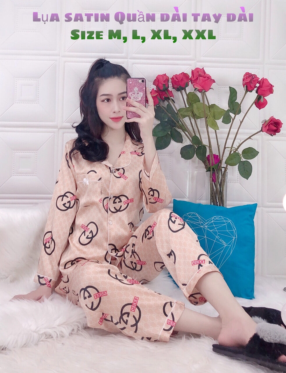 Bộ Lụa Satin QDTD Họa Tiết Sang Chảnh_Size M Dưới 52kg