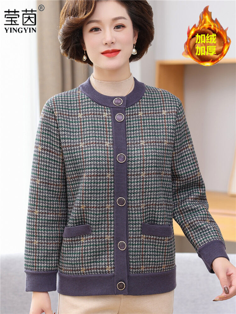  Áo Khoác Len Dệt Kim Dài Tay Dày Lót Lông Cừu Cho Phụ Nữ Trung Niên Và Cao Tuổi Mùa Đông Thường Ngày Cổ Tròn Nút Áo Cardigan 
