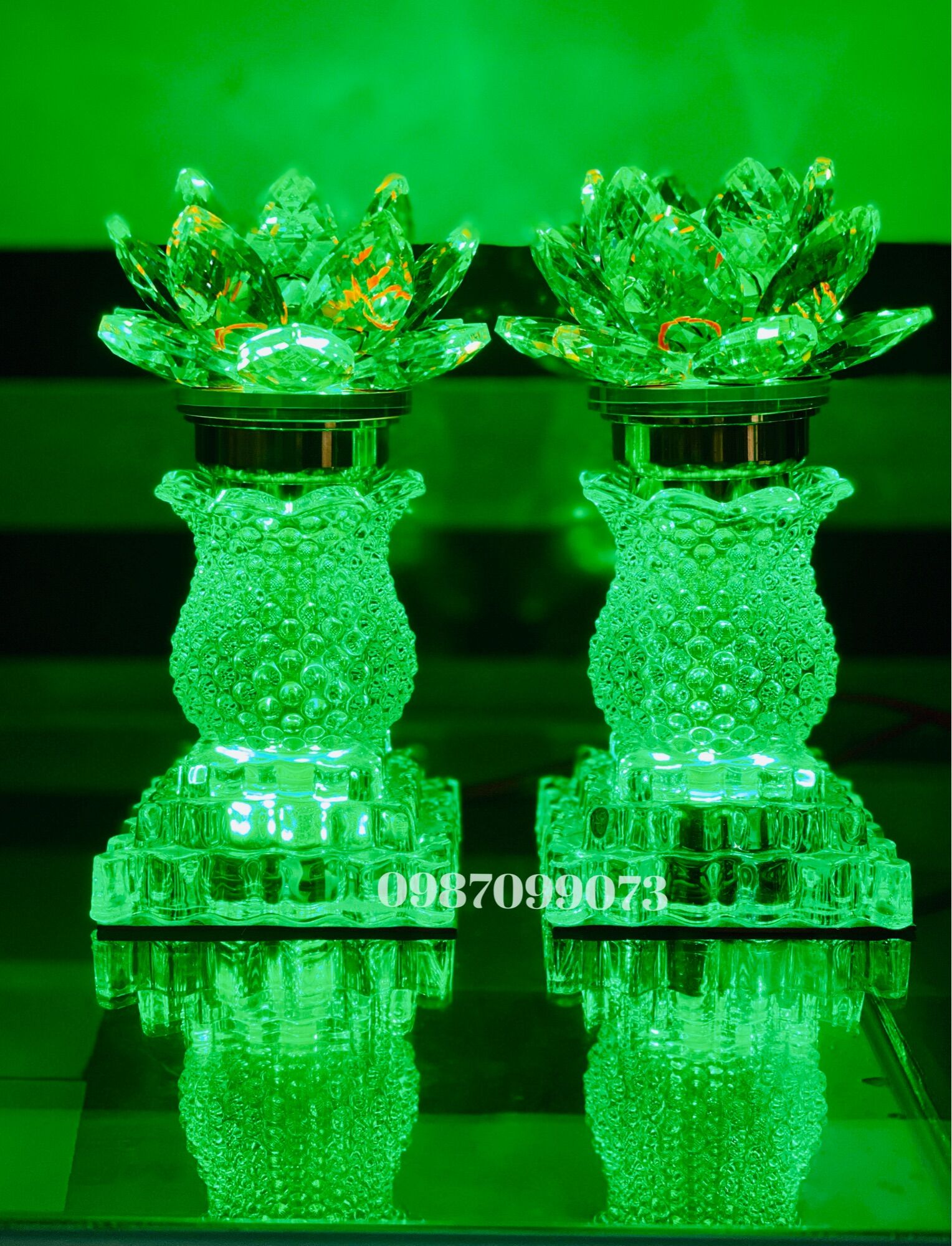 Pair of Crystal Lotus Altar Lamps in the Style of Flower Vases - Crystal 15