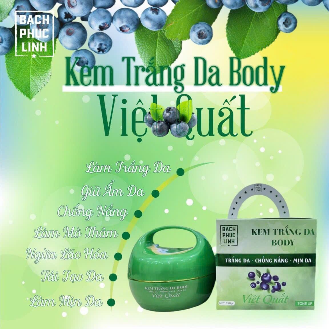 Kem body trắng da việt quất bạch phục linh tặng gel kích trắng