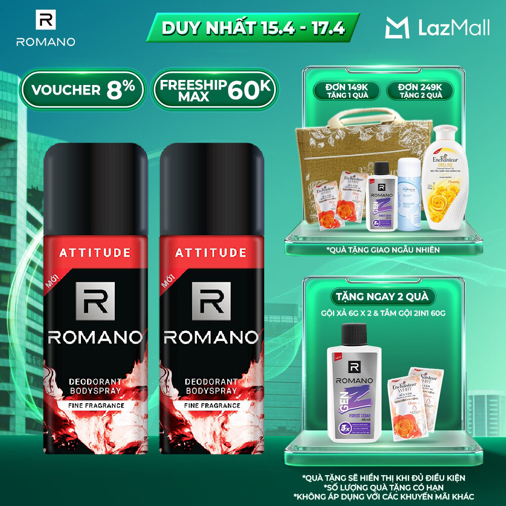 [Lazada trợ giá 15K] Combo 2 Xịt toàn thân ngăn mồ hôi và mùi cơ thể Romano 150ml