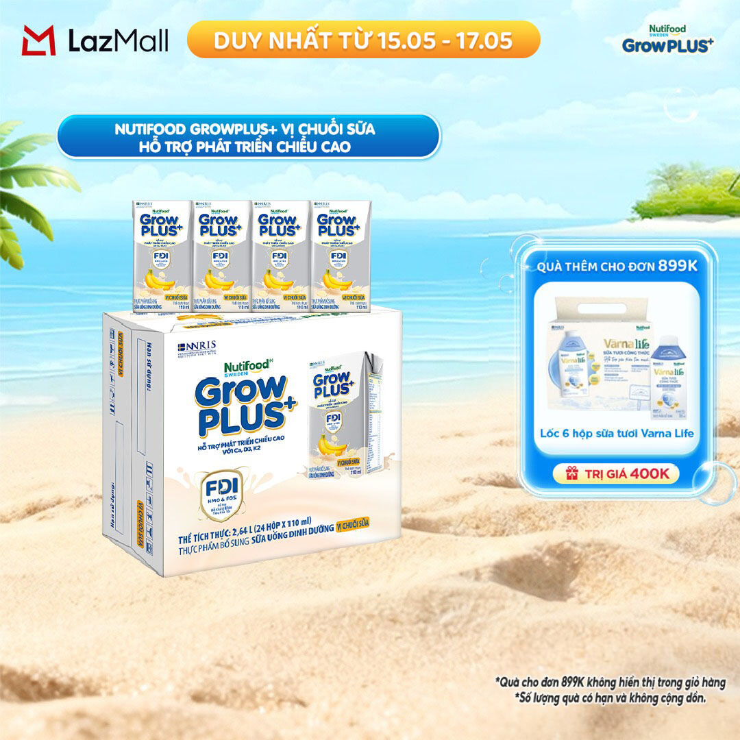 Thùng 24 hộp Sữa bột pha sẵn Nutifood Sweden GrowPLUS+ Vị Chuối Sữa hộp 110ml - Hỗ trợ phát triển chiều cao -  (24 hộp x 110ml)