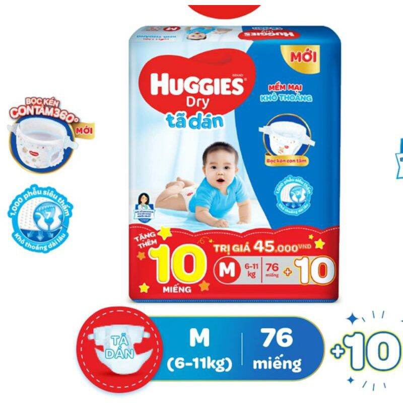 [Tặng 10 miếng] Tã dán Huggies M76 +10 miếng. Date 2024