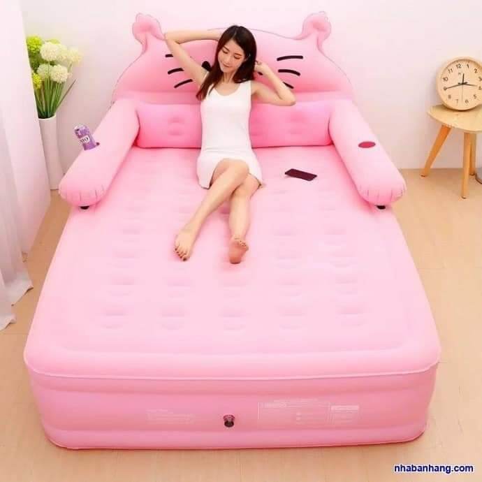 Hàng chính hãng --- giường nệm hơi hình kitty màu hồng cao cấp tặng bơm điện, gối ôm, miếng dán