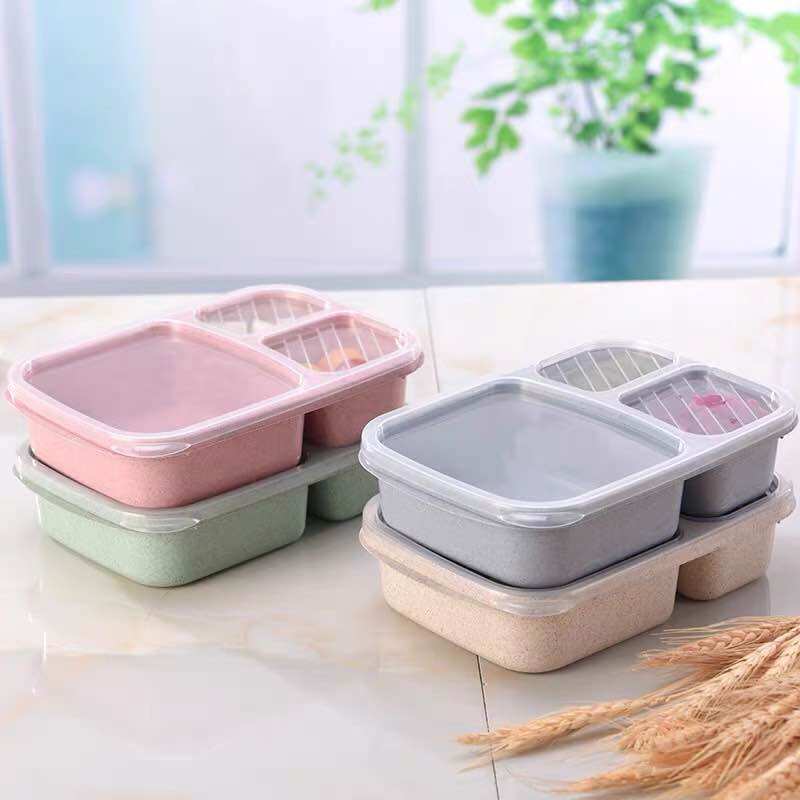 Khay Đựng Cơm Đựng Đồ Ăn 3 Ngăn Có Nắp Đậy Chất Liệu Lúa Mạch