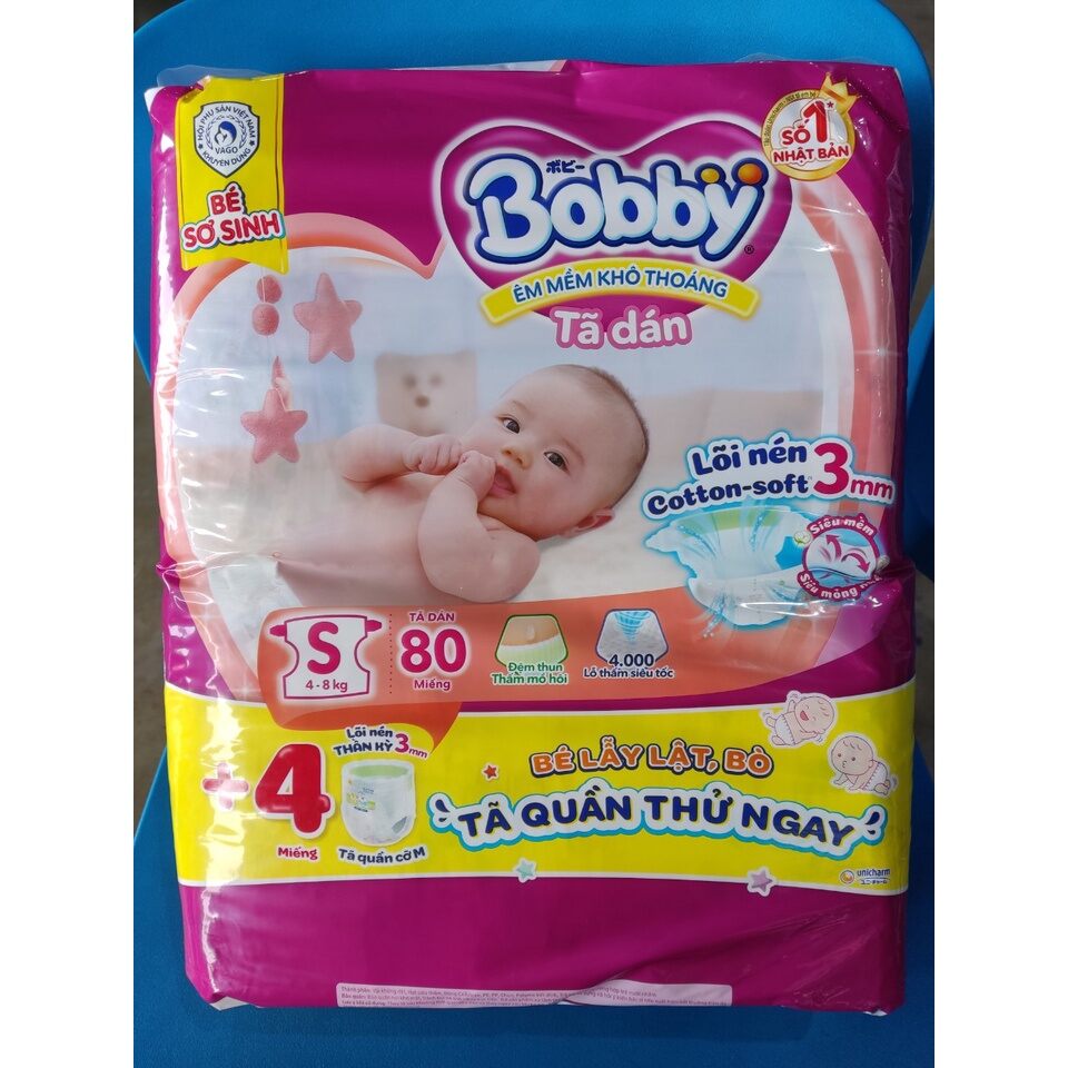 Tặng 4 miếng tã quần size M trong gói Tã dán bobby S80 +4 Lõi nén thần kỳ mới cho bé 4-8kg