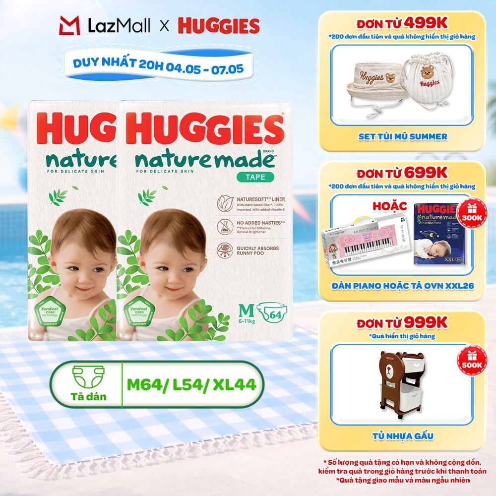 Combo 2 Tã/Bỉm dán Huggies NatureMade M64/L54/XL44