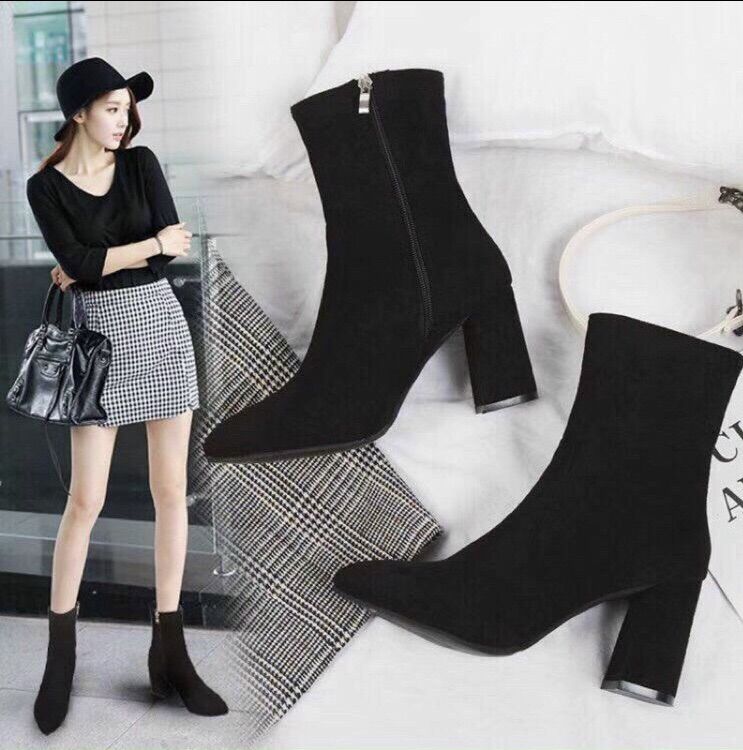 Giày bốt nữ- Bốt cổ ngắn gót vuông khoá cạnh 7cm