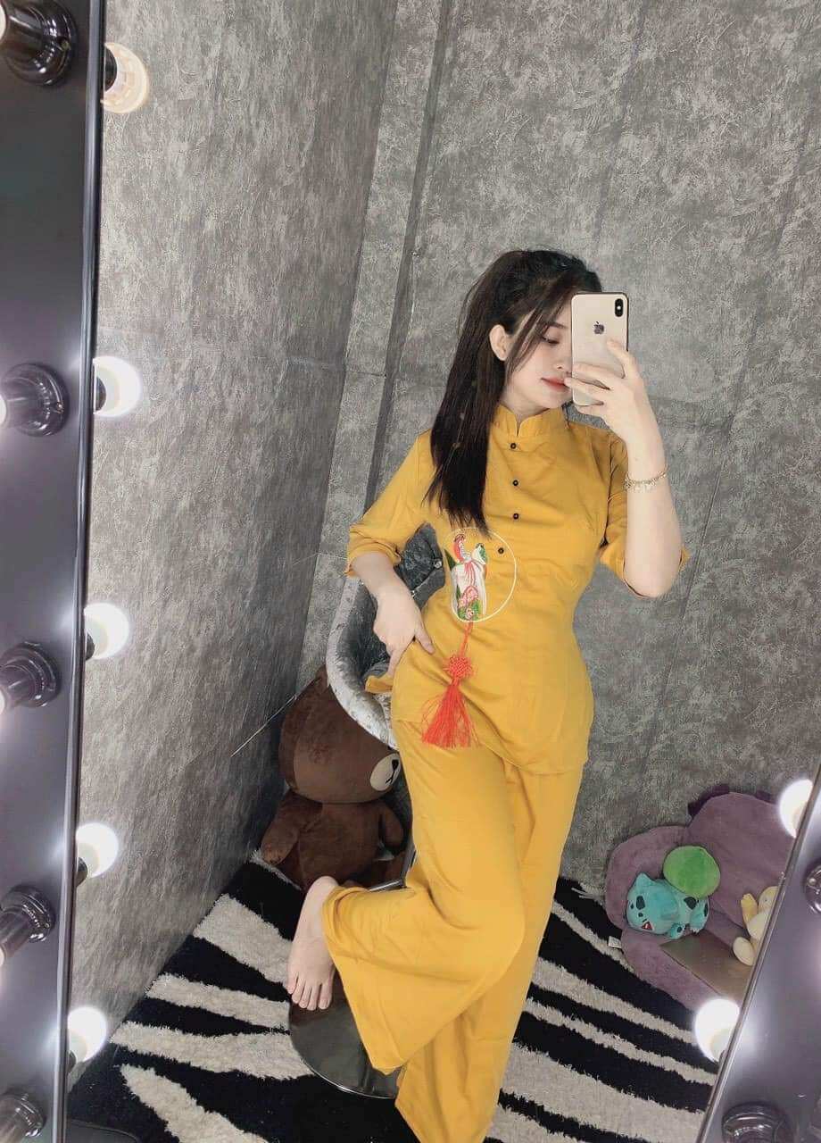Đồ lam đi chùa - mẫu nữ lua thêu ngọc bội cao cấp
