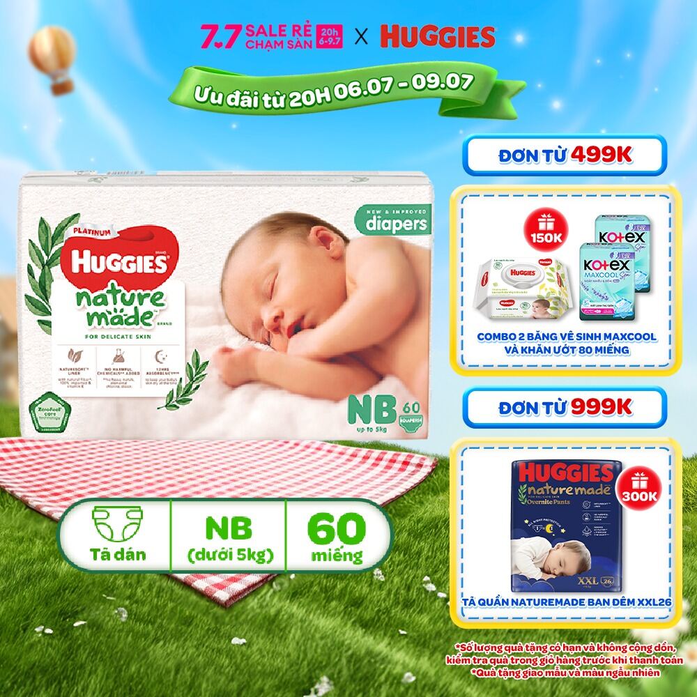 Tã/Bỉm dán sơ sinh Huggies Platinum NatureMade Super Jumbo NB60/S82