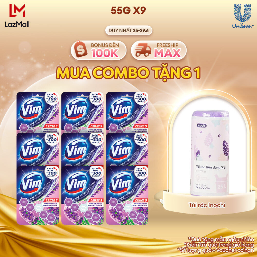 Combo 9 Viên Tẩy Bồn Cầu Vim Power 5 Sạch Khuẩn Thơm Mát (55g/viên) | Hương Lavender