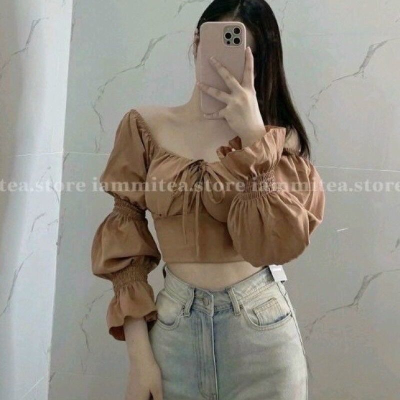 ÁO VOAN CỔ VUÔNG TAY DÀI CỘT KIỂU CROPTOP