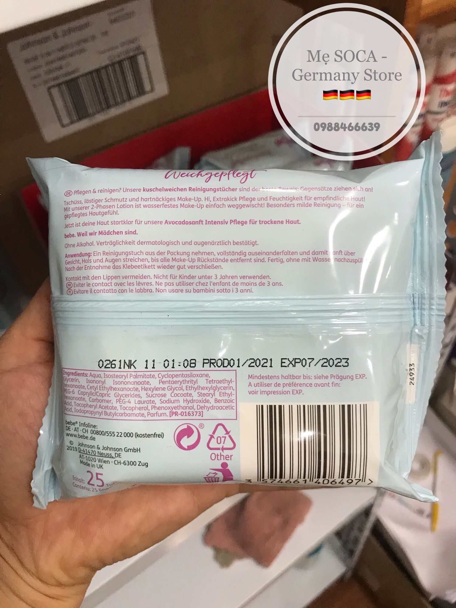 Giấy ướt tẩy trang Bebe 5in1, 25 tờ (hàng nội địa Đức)