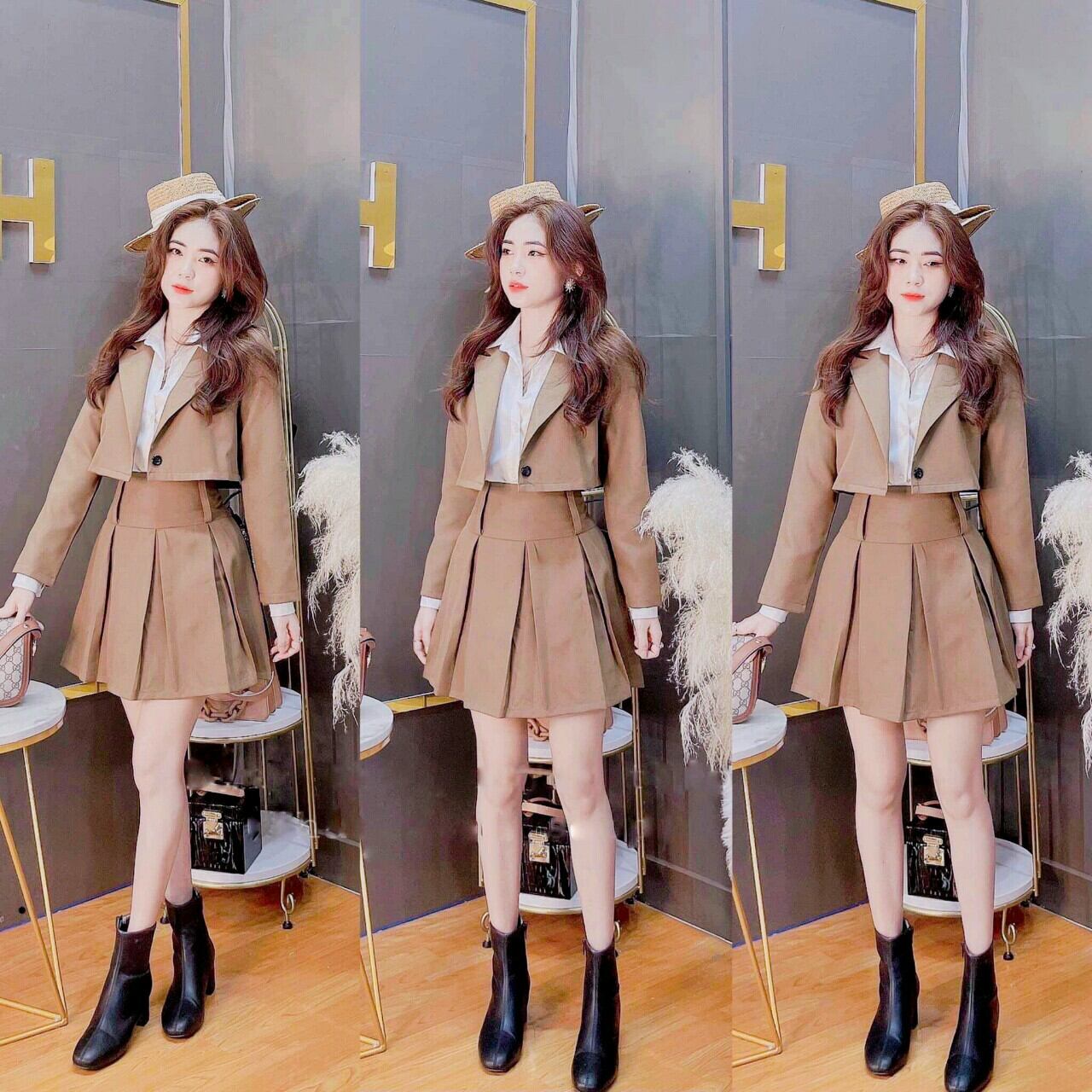 Set áo vest ngắn chân váy xếp ly năng động