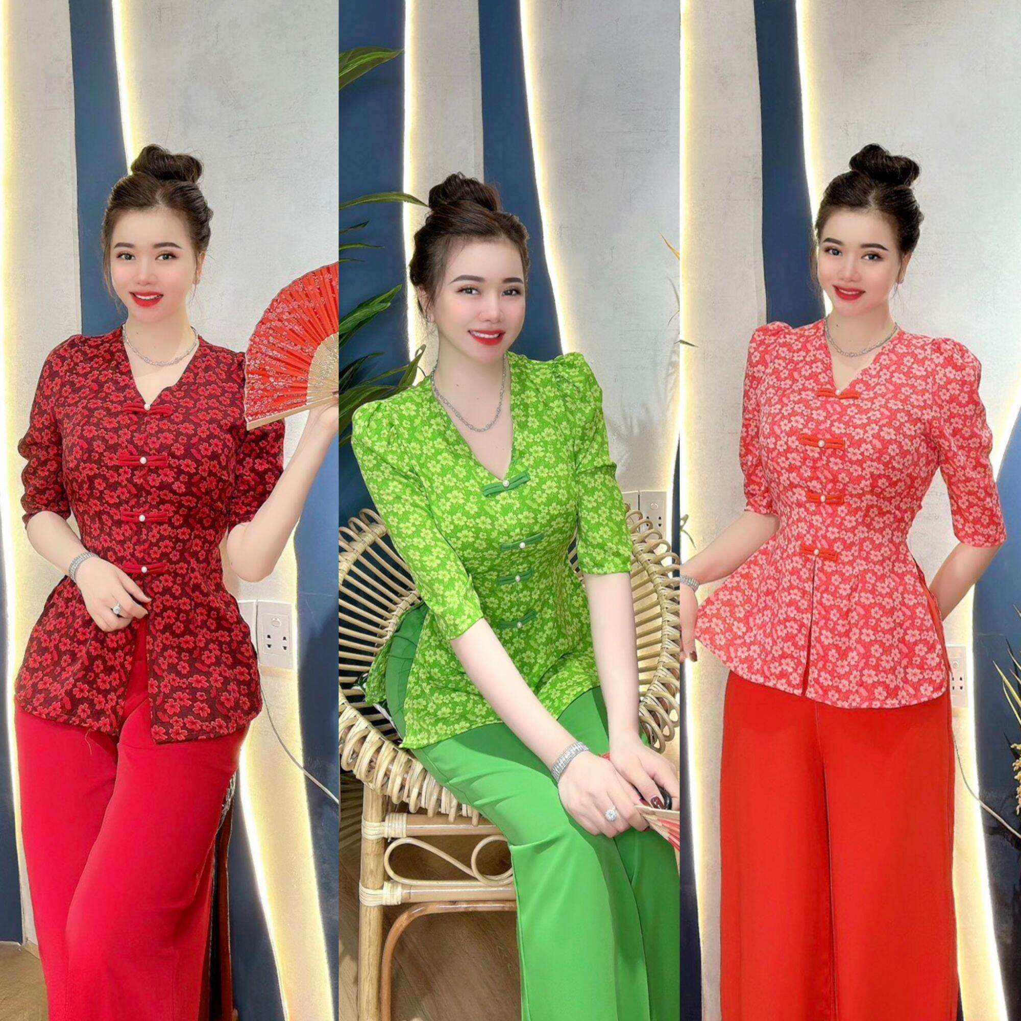 Bộ bà ba tay ngắn cổ tim nút vải/ trang phục truyền thống tay ngắn