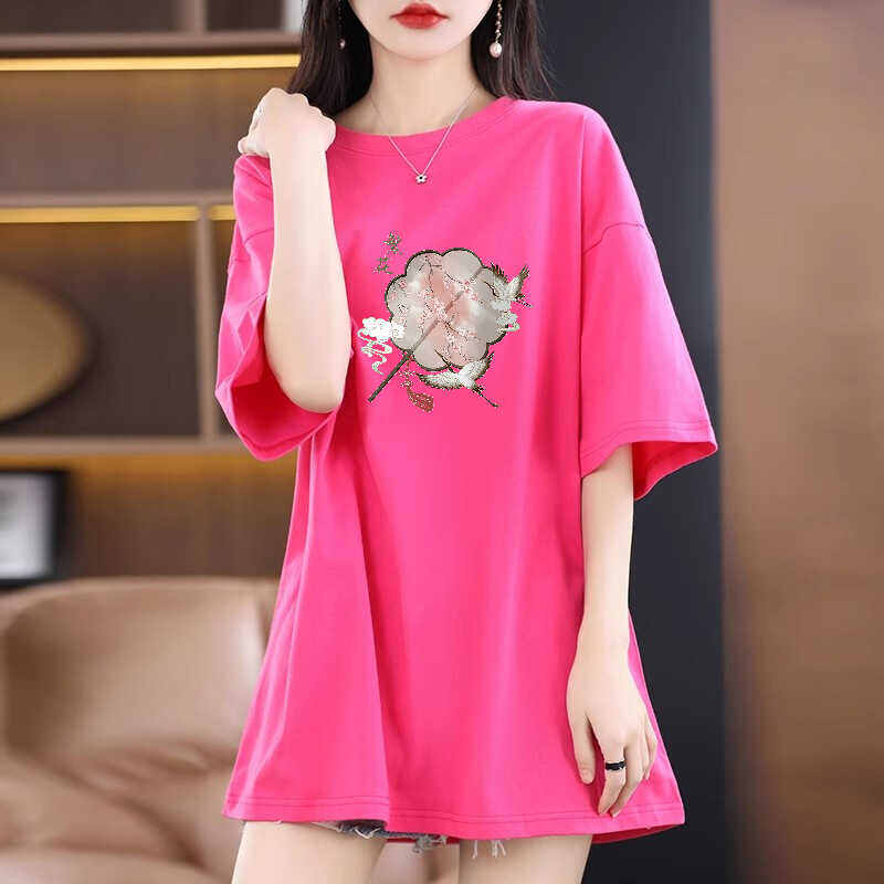 Áo Thun Nữ Tay Ngắn Phong Cách Trung Quốc, Áo Thun in Họa Tiết Mùa Hè, Cổ Tròn, Dài Vừa Phải, Thường Ngày, Tay Ngắn, Trung Tính