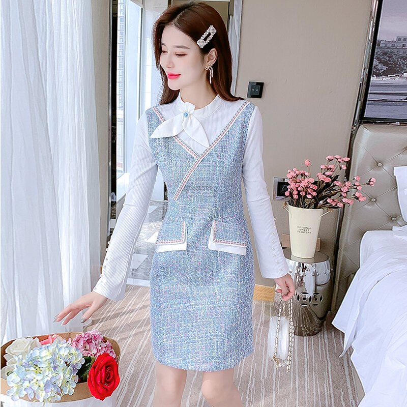 Váy Len Kẻ Caro Kiểu Pháp Cho Nữ Mùa Đông 2024 Váy Midi Dài Tay Dài Cổ Tròn Váy Công Sở Màu Trơn Dáng Chữ a Váy Ngắn