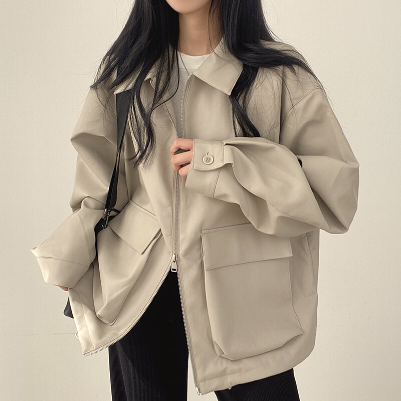Áo khoác cardigan kéo khóa túi lớn cổ bẻ cổ điển thời trang hàn quốc áo khoác da dài tay rộng rãi thường ngày áo khoác ngắn nữ