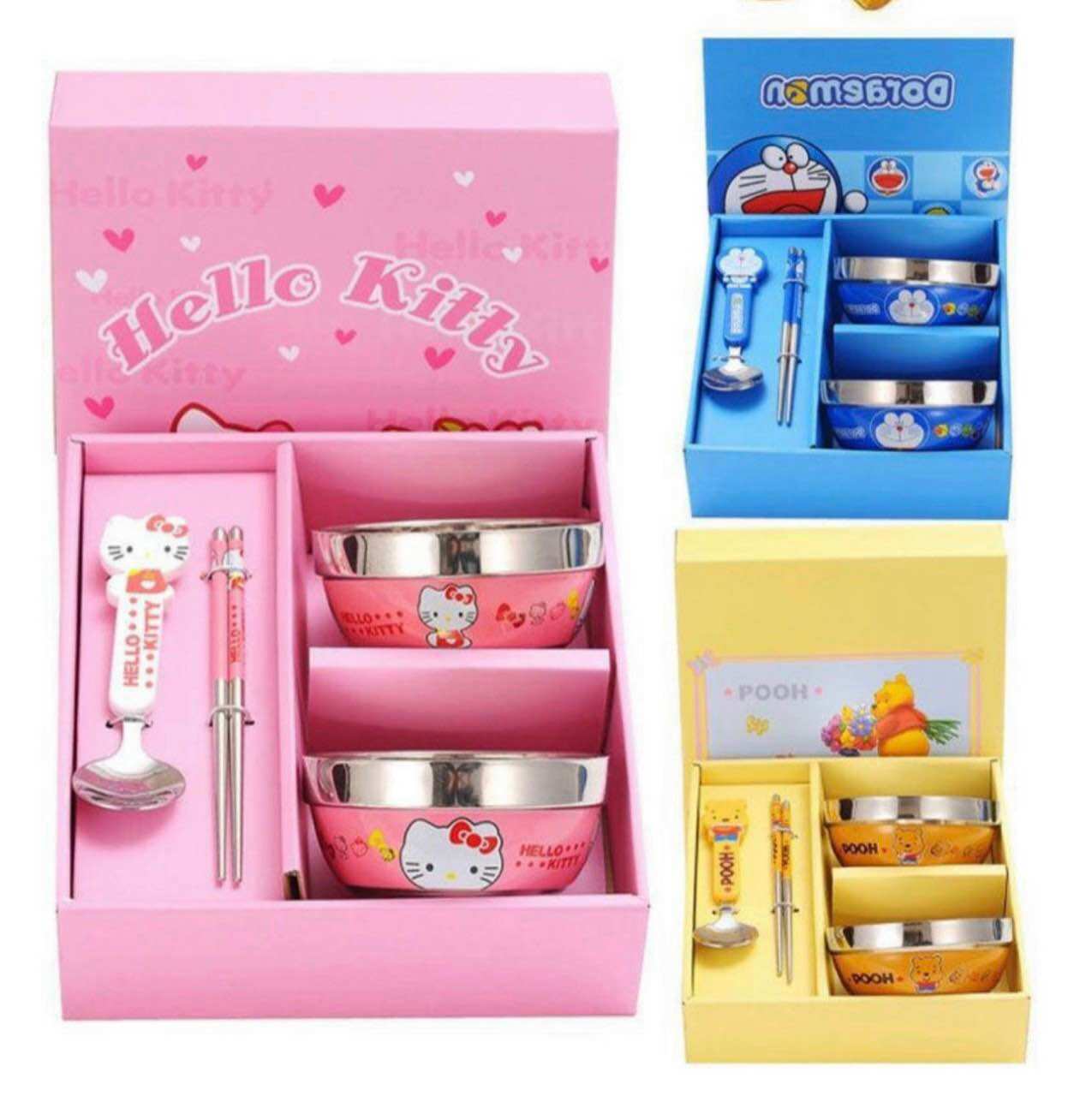 Sét 2 chén ăn Doremon, Hello Kitty, gấu Pooh inox chống nóng cho bé. Tặng kèm đũa muỗng dễ thương. Bộ quà tặng cho bé