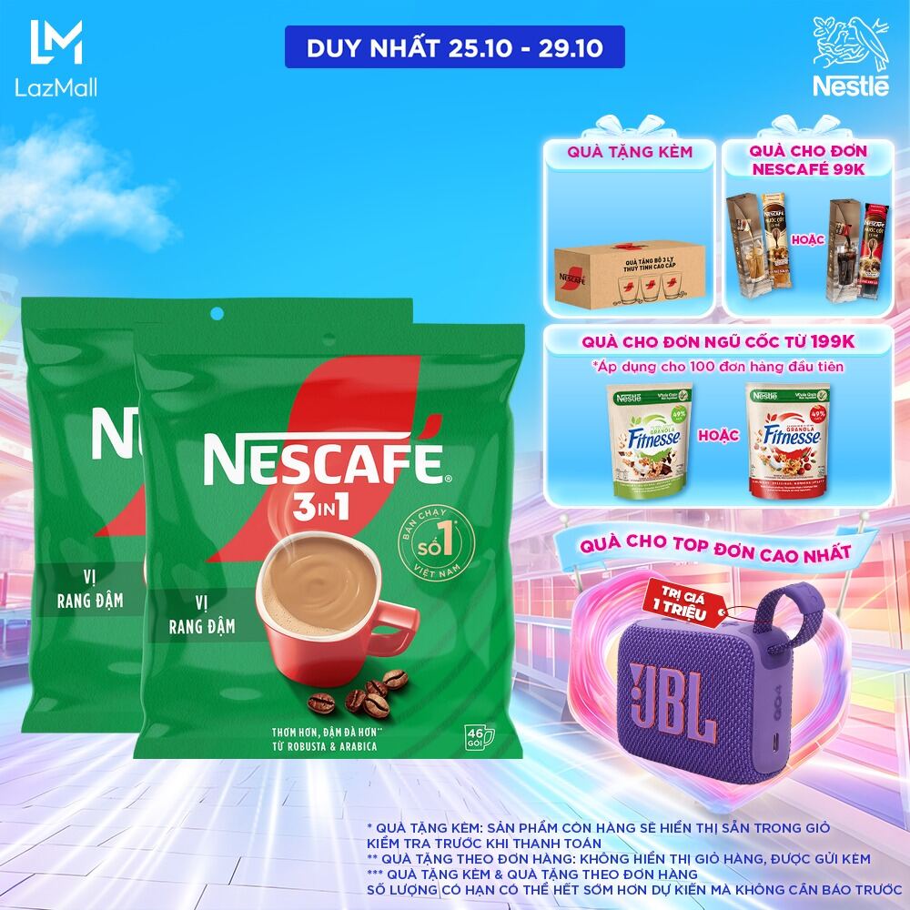 [QUÀ TẶNG THÁNG 10 - Mua 1 tặng 1 Bộ 3 ly thủy tinh cao cấp] [Giao hàng toàn quốc] Combo 2 Bịch NESCAFÉ 3IN1 Công thức cải tiến - VỊ RANG ĐẬM Bịch 46 gói (46x16g)