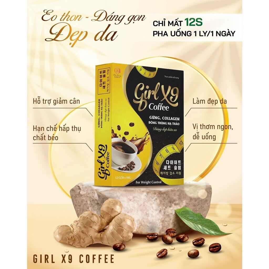 Cà phê x9, cà phê giảm cân, collagen đẹp da, giữ dáng hộp 12 gói