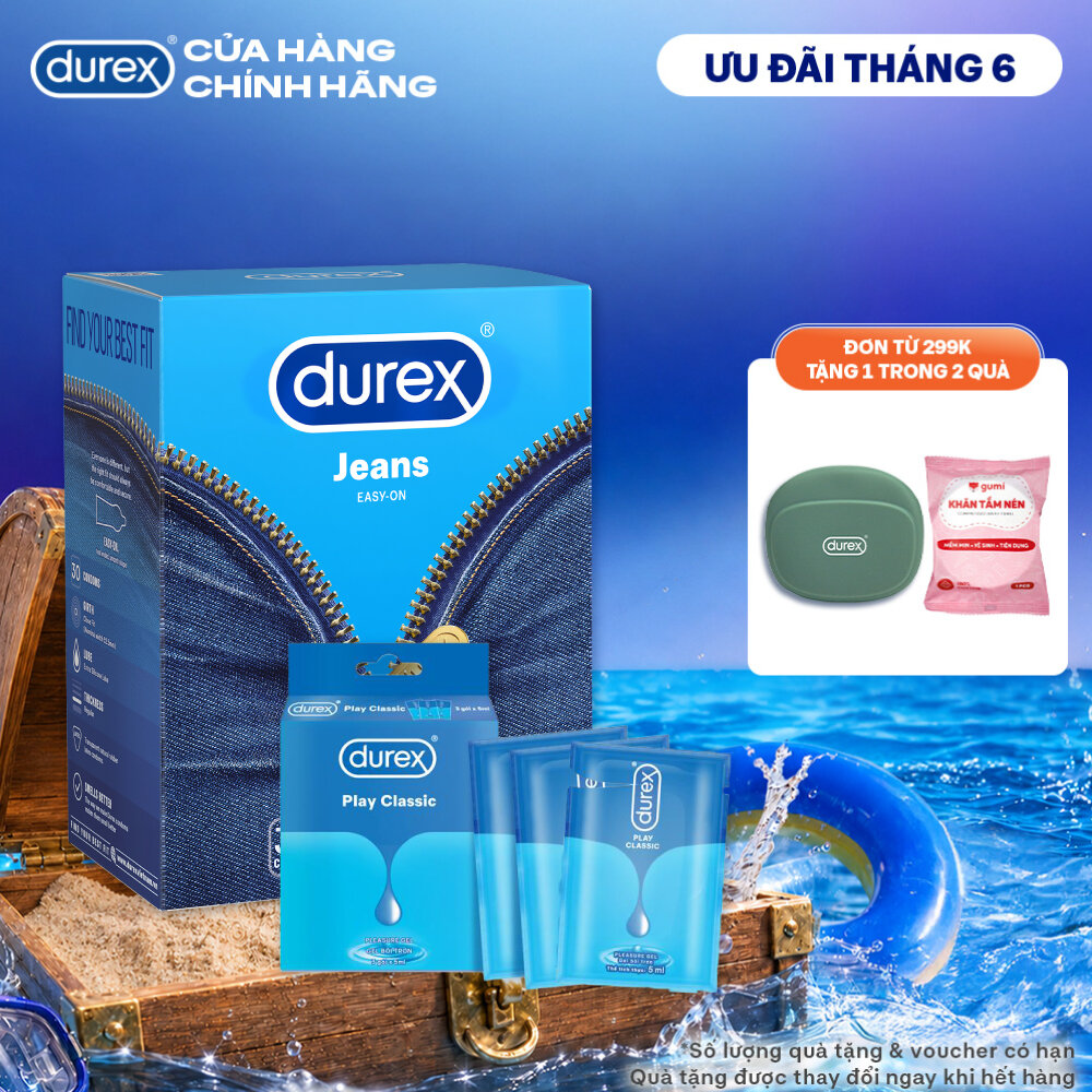 [ĐỘC QUYỀN] Combo 1 hộp  Bao cao su Durex Jeans 52.5mm 30 bao  1 Gel bôi trơn Durex play classic Hộp 3 gói x 5ml