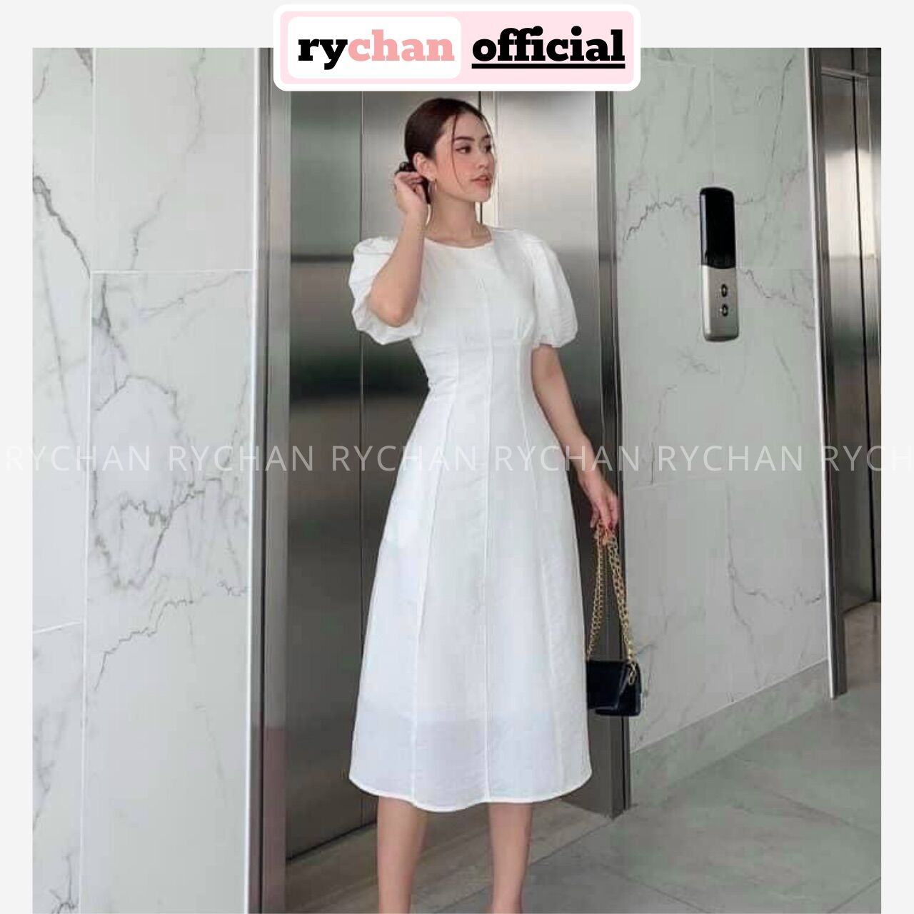 Đầm váy nữ dáng dài cổ tròn tay phồng phối viền chân váy xòe có thắt eo