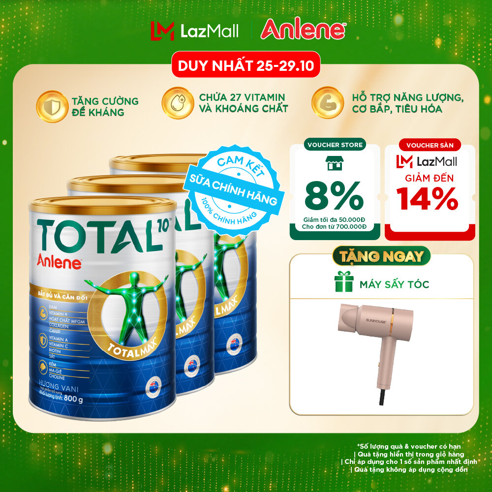 [Voucher giảm đến 26%]Combo 3 Sữa Bột Bổ Sung Dinh Dưỡng Anlene Total 10 Lon 800G