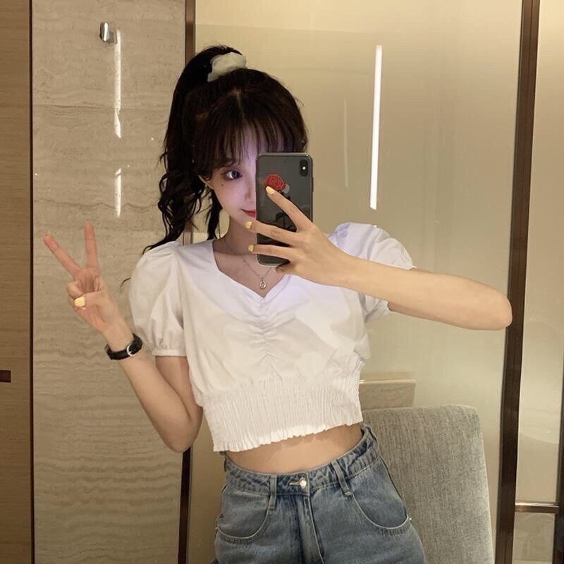 Áo croptop vai bồng chun eo nhún ngực