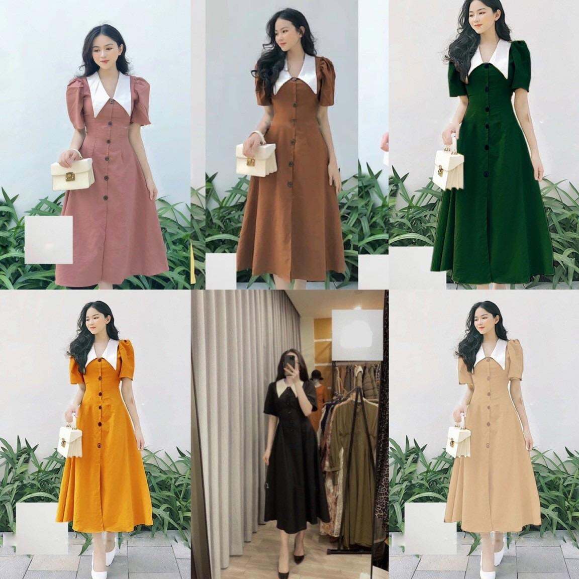 đầm tay phồng hàng nút dài