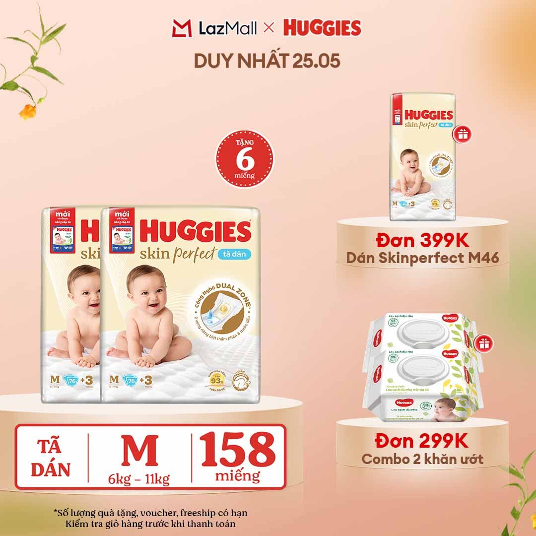 [CHỈ 25-29.05 QUÀ TẶNG ĐƠN 0Đ]  [Tặng thêm 6 miếng tã]  Combo 2 Tã dán Huggies Skin Perfect Super Jumbo M76 miếng