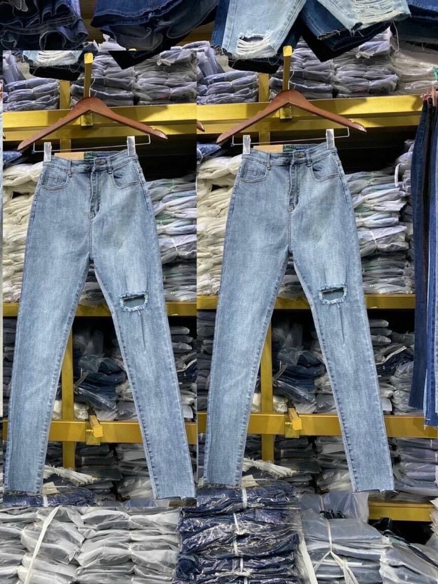 quần cạp cao chất denim co giãn rách