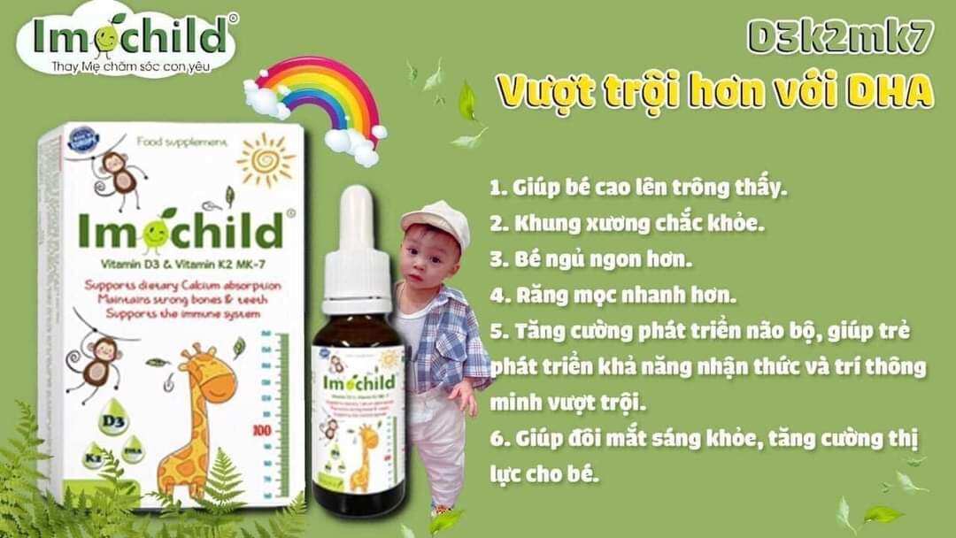 Vitamin imochild d3k2 mk7 kèm dha hỗ trợ hấp thụ calci phát triển trí não cho bé