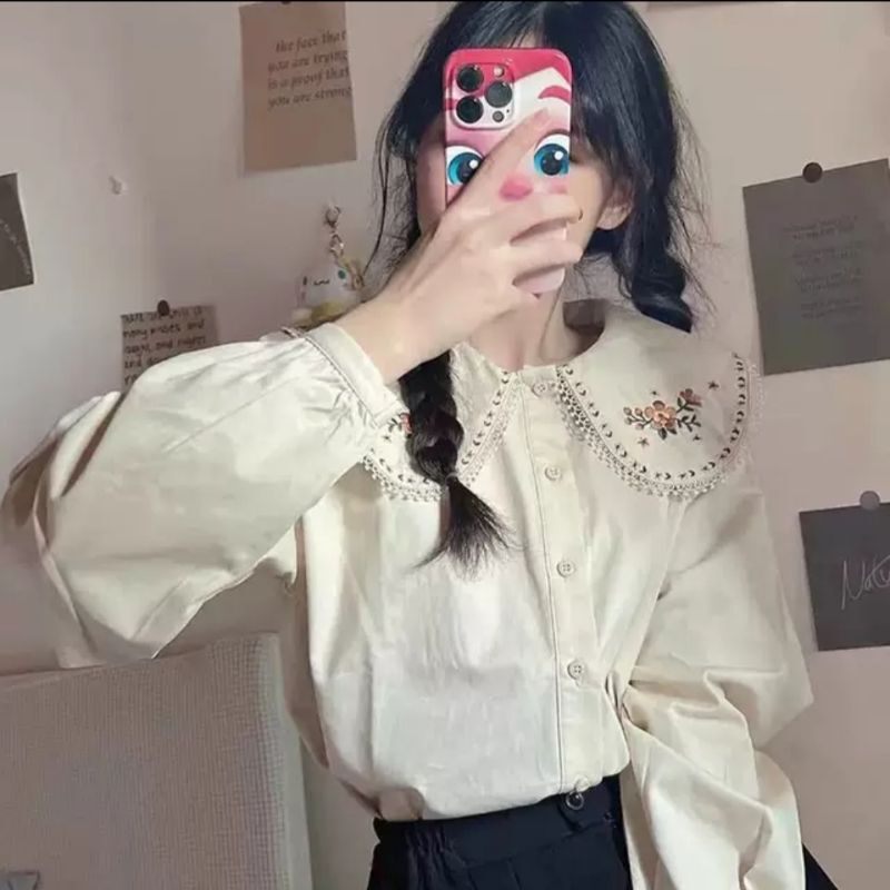 áo sơ mi nhung cổ sen thêu hoa hàn quốc