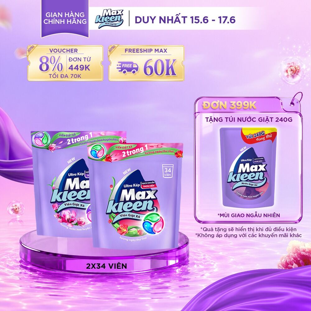 Combo Túi Viên Giặt Xả MaxKleen hương Ngày Thư Thái + Hương Hoa Huyền Diệu (34 viên/ túi)