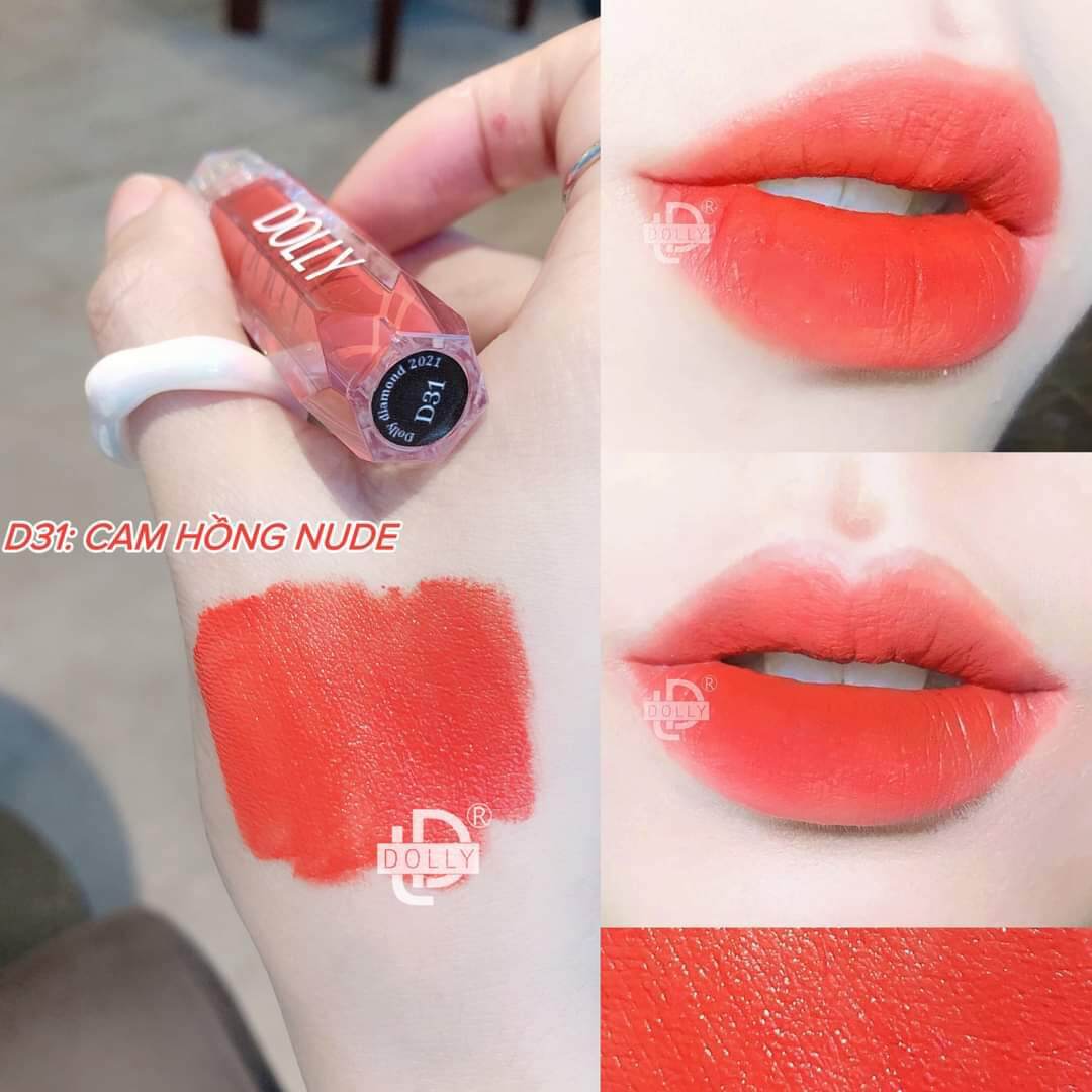 Son kem lì Dolly Diamond velvet màu Cam Hồng Nude mềm mịn môi