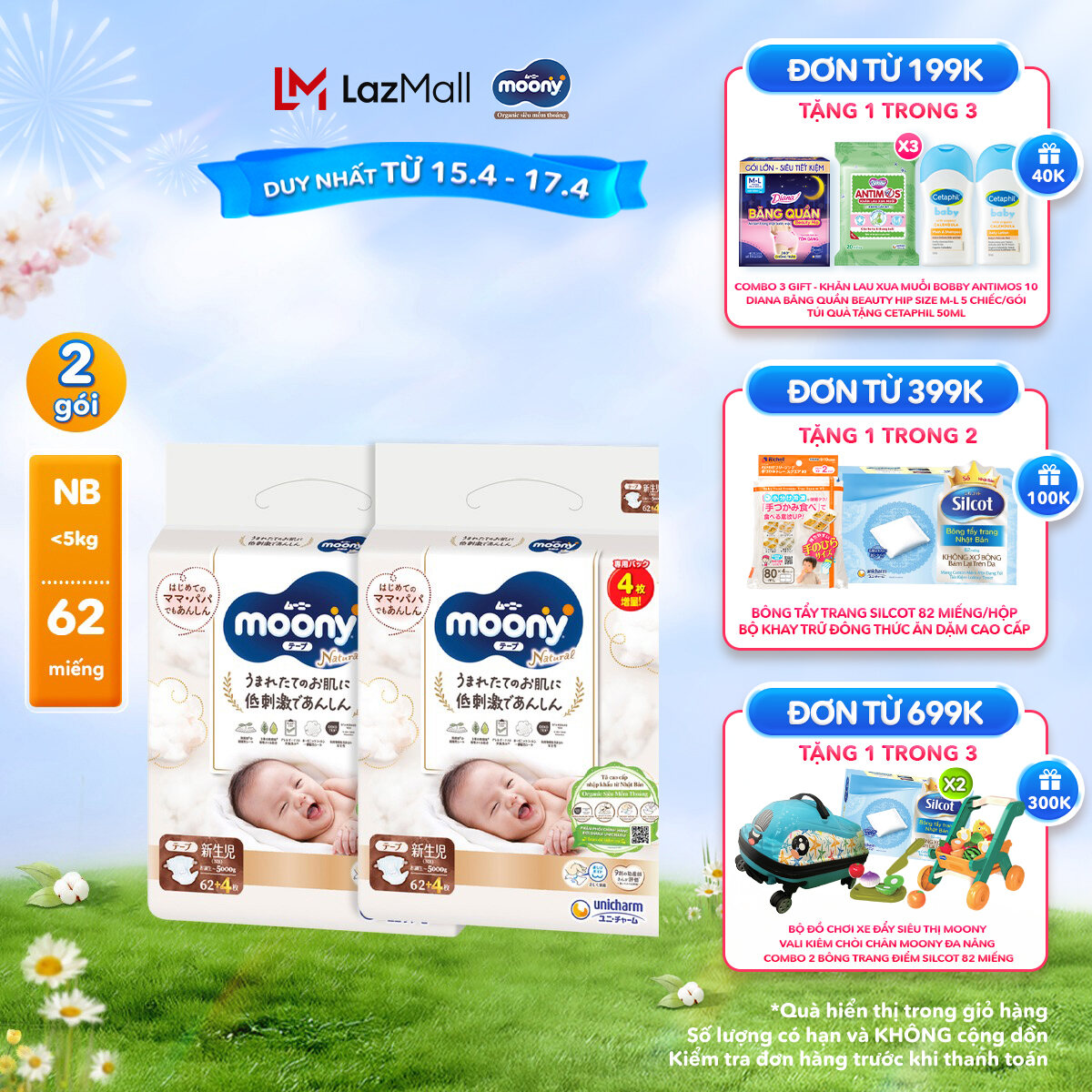 Combo 2 Tã/Bỉm dán organic siêu cao cấp Moony Natural NB62/S58/M46/L38