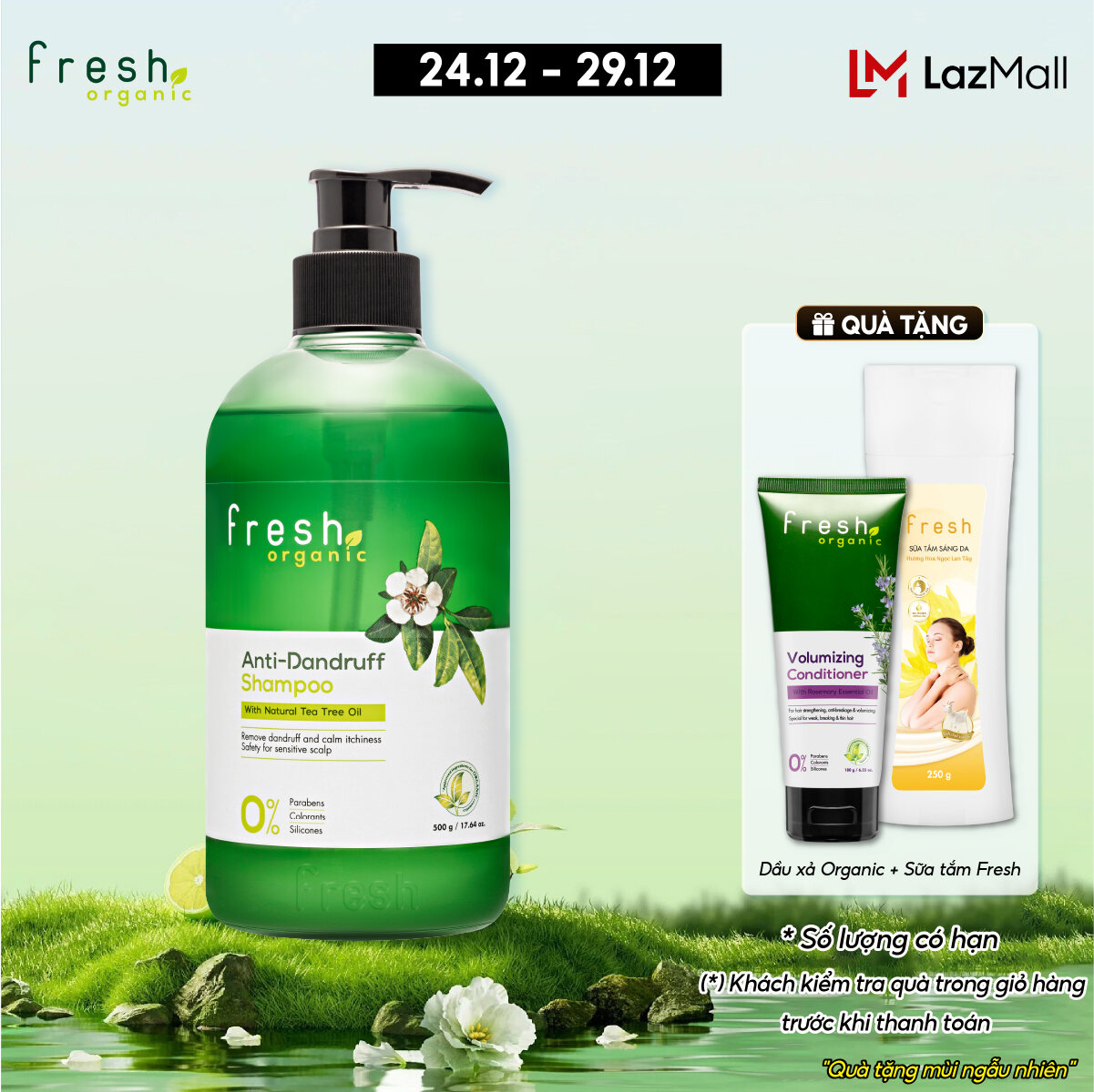 Dầu gội Fresh Organic 500g Giảm gãy rụng chiết xuất Hương thảo hữu cơ / Giảm gàu tinh dầu Tràm Trà h
