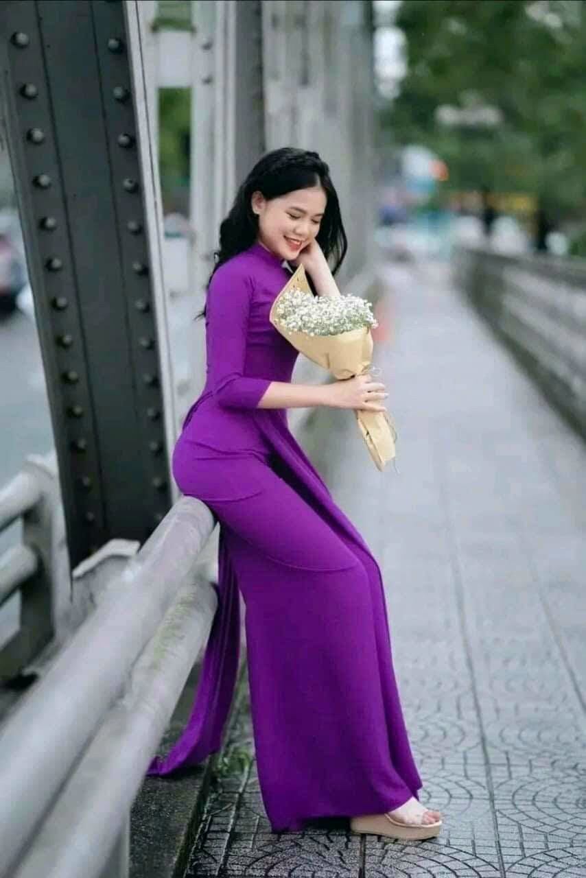 Bộ Quần, Áo Dài Tím trơn lụa mỹ cao cấp tay lỡ