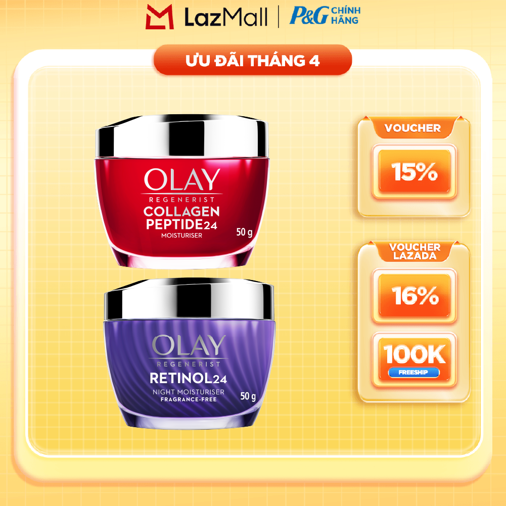 Combo Kem Dưỡng Ban Ngày OLAY COLLAGEN Peptide 24 Căng Mướt, Sáng Khỏe  Phục Hồi Dấu Hiệu Lão Hóa Hũ 50G + Kem Dưỡng Ban Đêm OLAY RETINOL24 Giúp Giữ Nét Tươi Trẻ Cho Da  Mờ Nếp Nhăn Hũ 50G