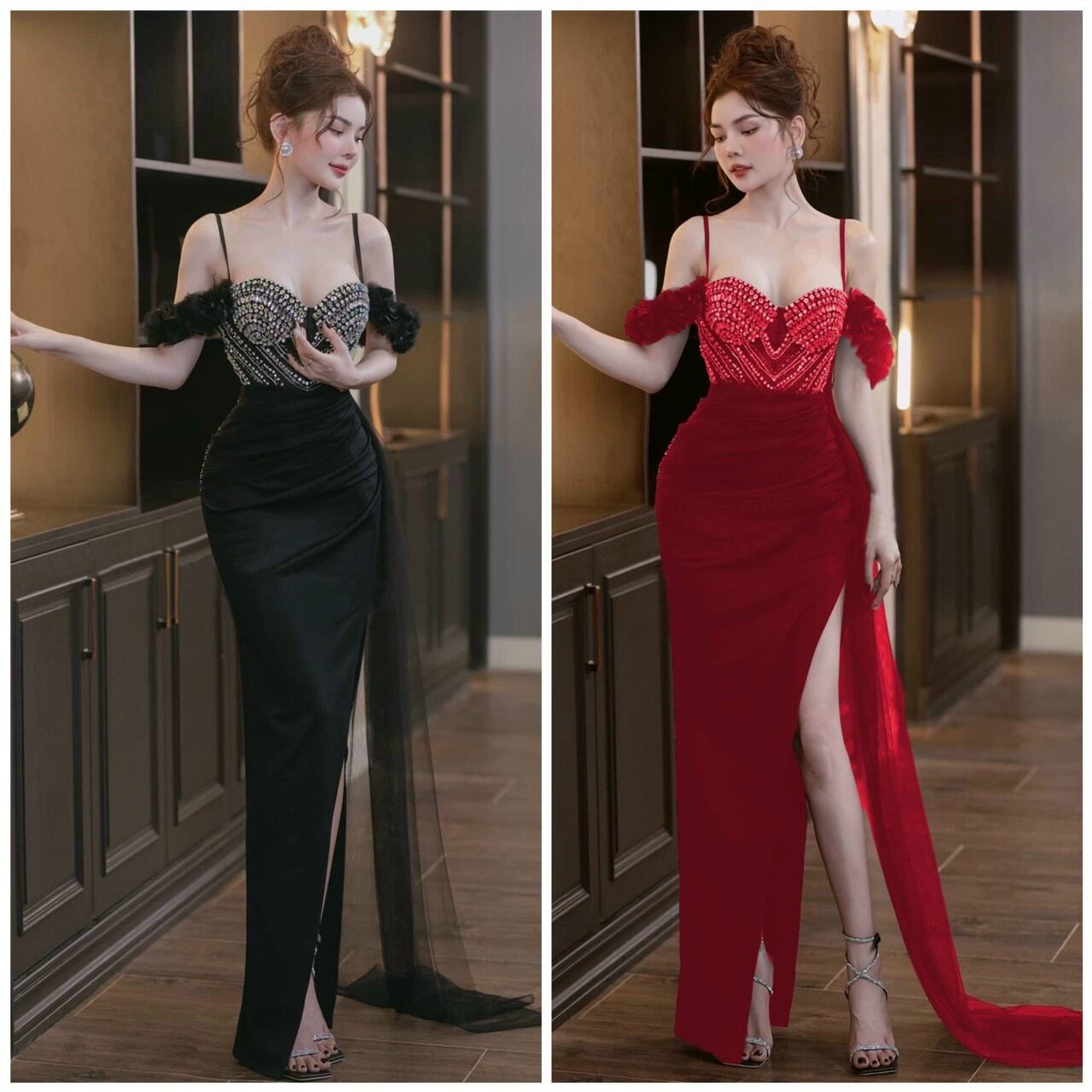 Đầm body bẹt tà lưới rời kết đá