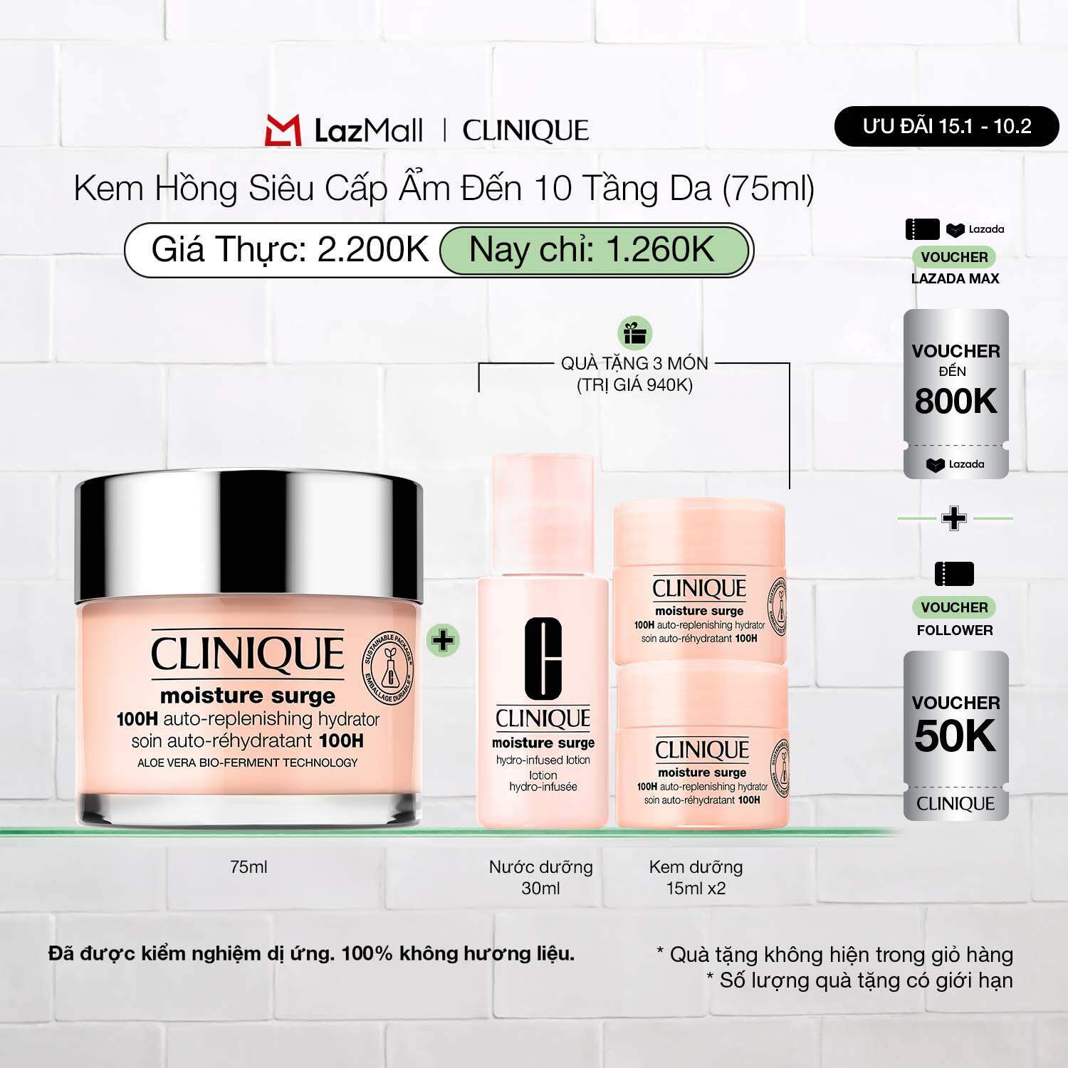 Kem hồng dưỡng ẩm tức thì 100H Clinique Moisture Surge 100H Auto-Replenishing Hydrator - Moisturizer