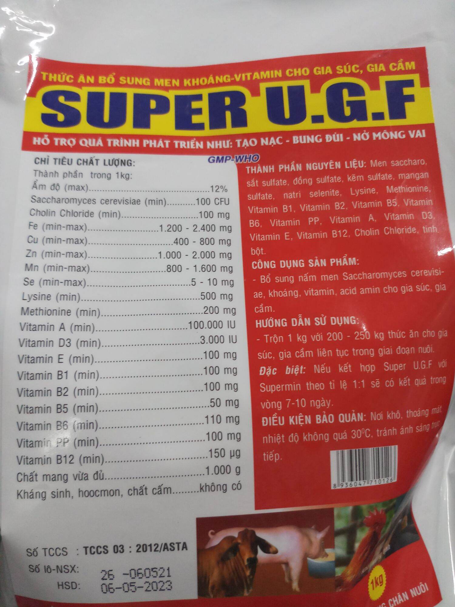 Super UGF 1kg bổ sung nấm men Saccharomyces, khoáng, vitamin, và acid amin cho gia súc, gia cầm